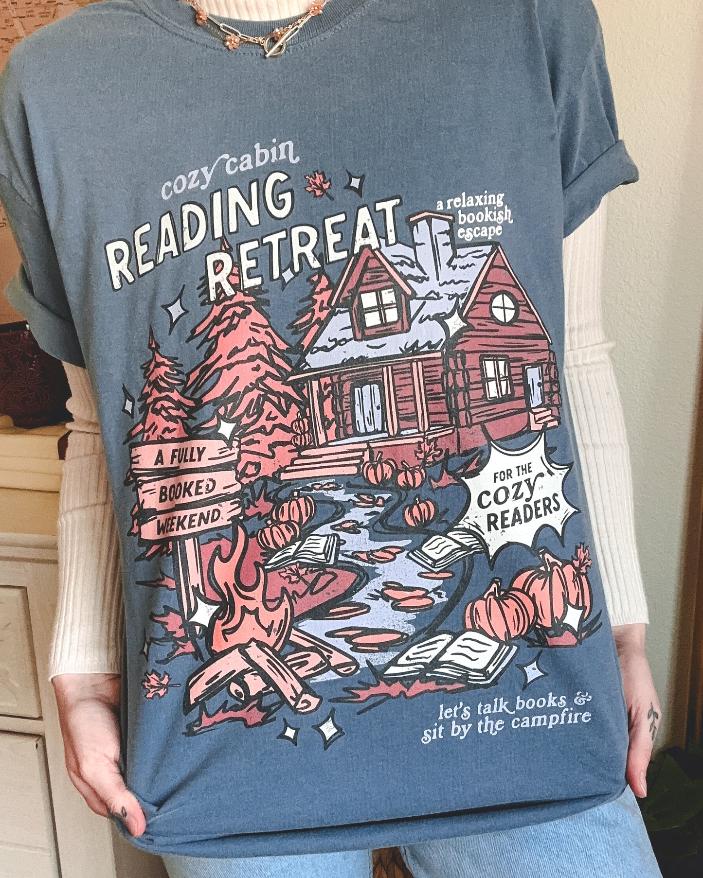 Cozy Cabin Reading Retreat Tee - Denim Blue