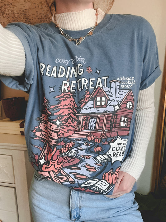 Cozy Cabin Reading Retreat Tee - Denim Blue