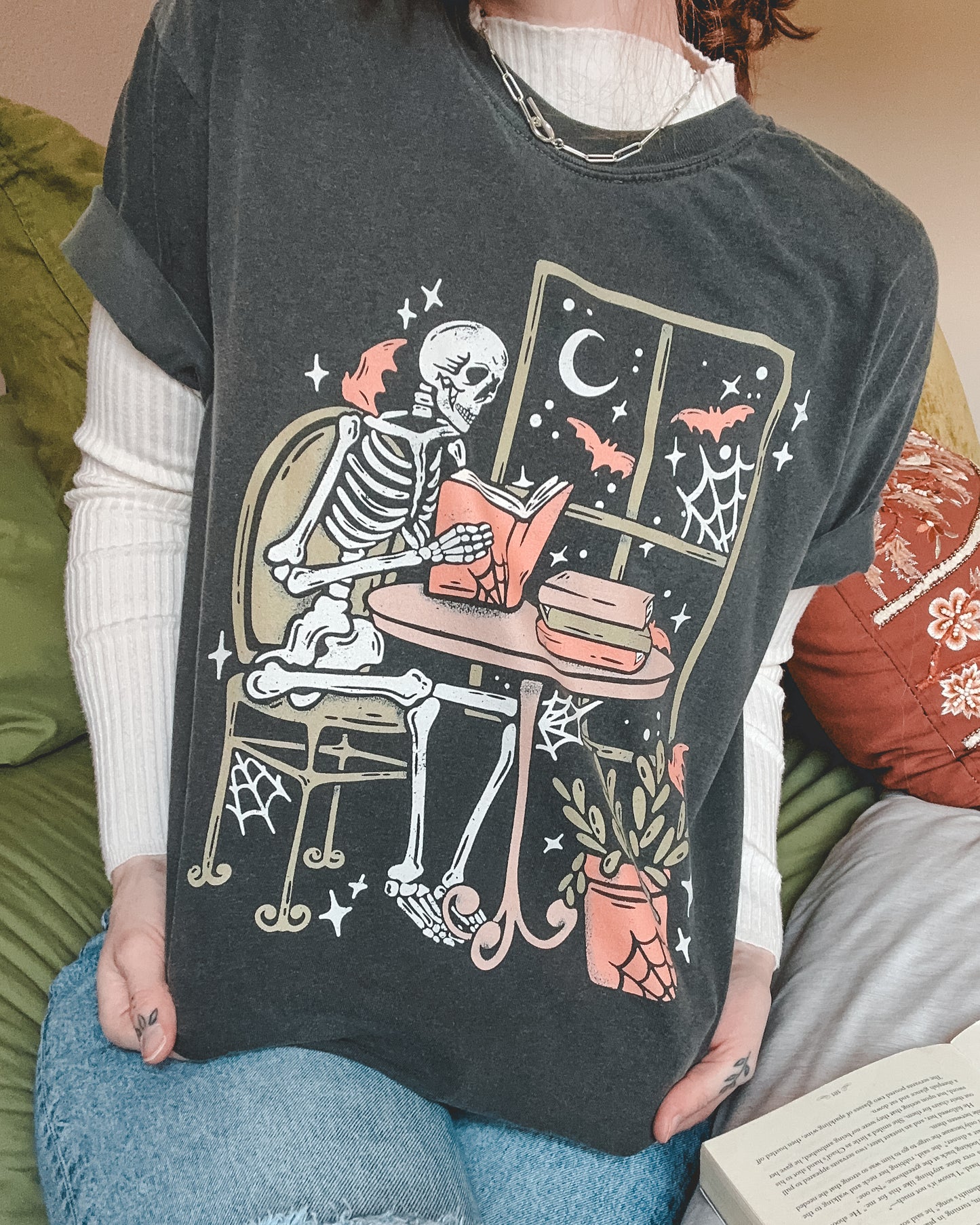 A Chill Bookish Skeleton Tee - Pepper
