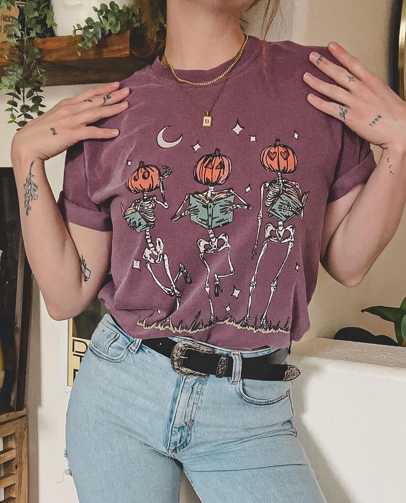 Bookish Skeletons Tee - Berry