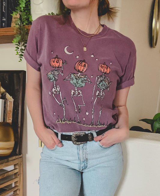 Bookish Skeletons Tee - Berry