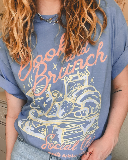 Books and Brunch Social Club Tee - Washed Denim