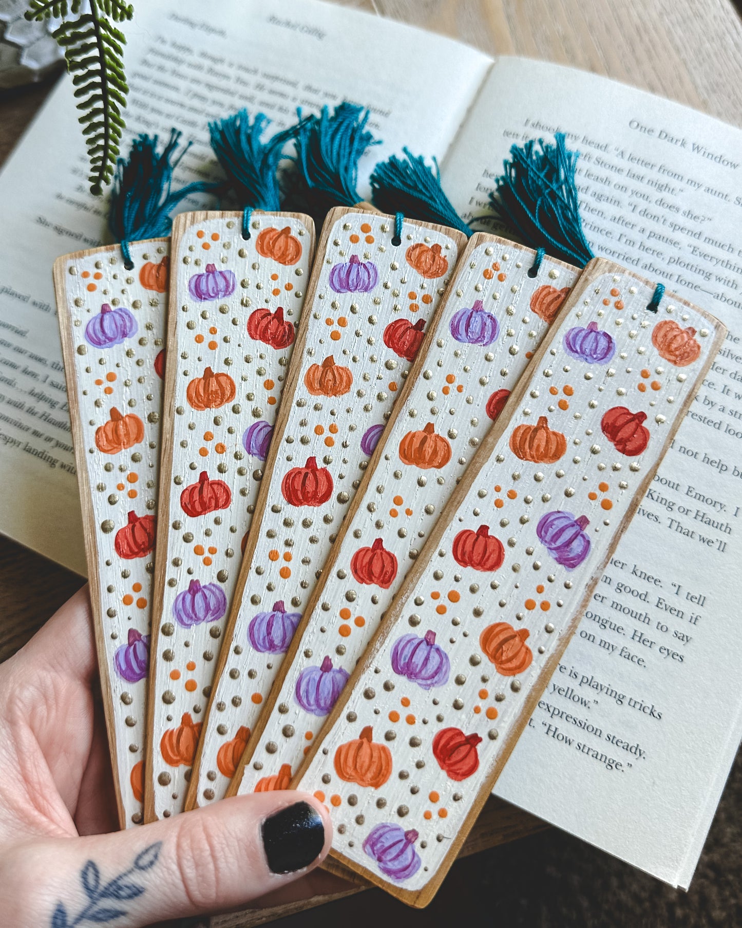 Colorful Pumpkins Painted Wooden Bookmark