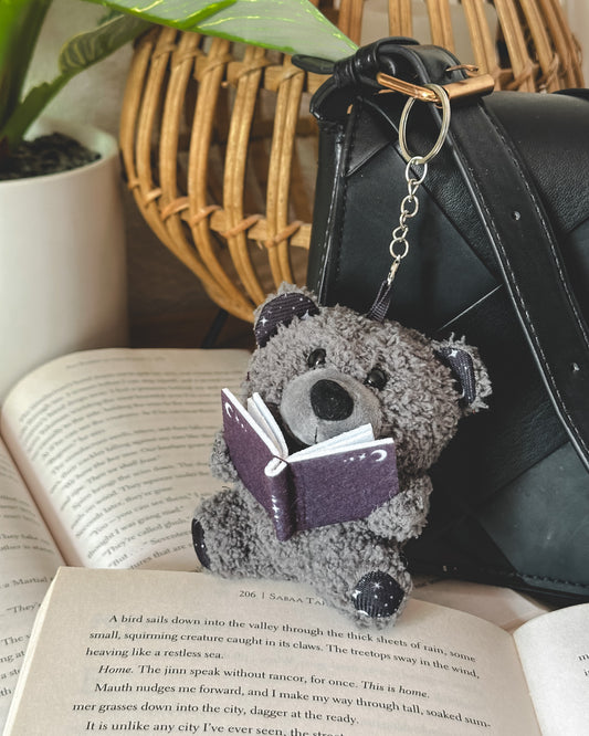 Plush Reading Bear Keychain - Grey