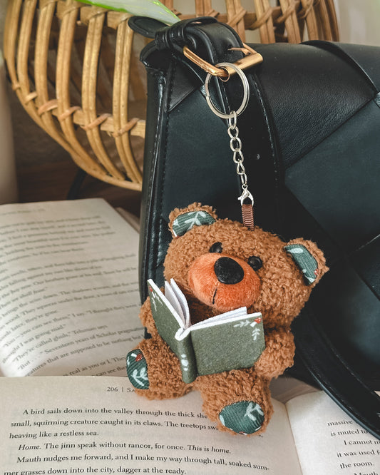 Plush Reading Bear Keychain - Brown/Green