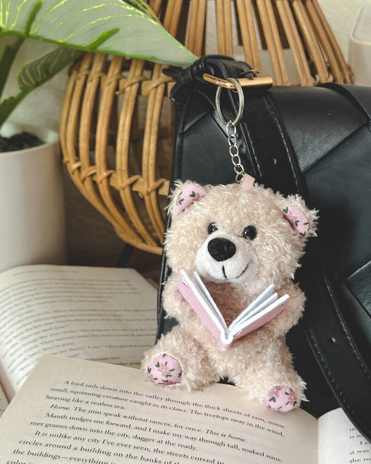 Plush Reading Bear Keychain - Beige/Pink