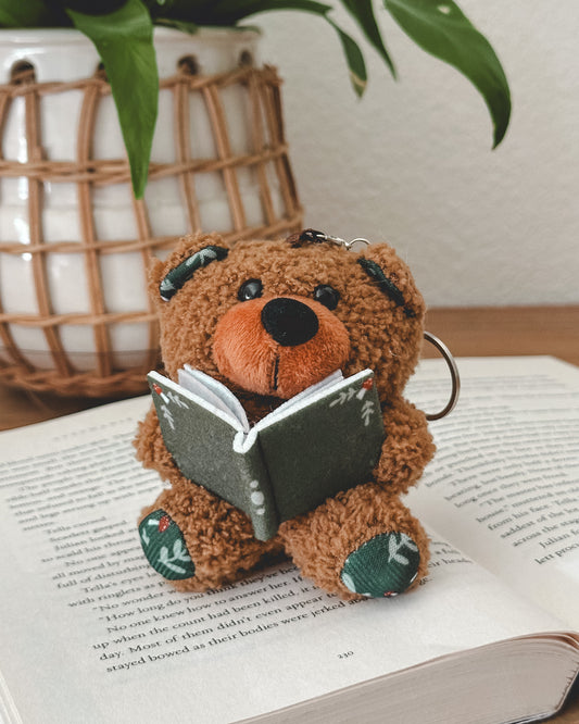 Plush Reading Bear Keychain - Brown/Green
