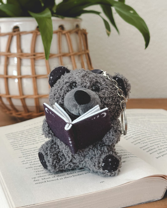 Plush Reading Bear Keychain - Grey
