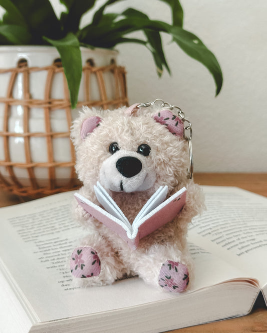 Plush Reading Bear Keychain - Beige/Pink
