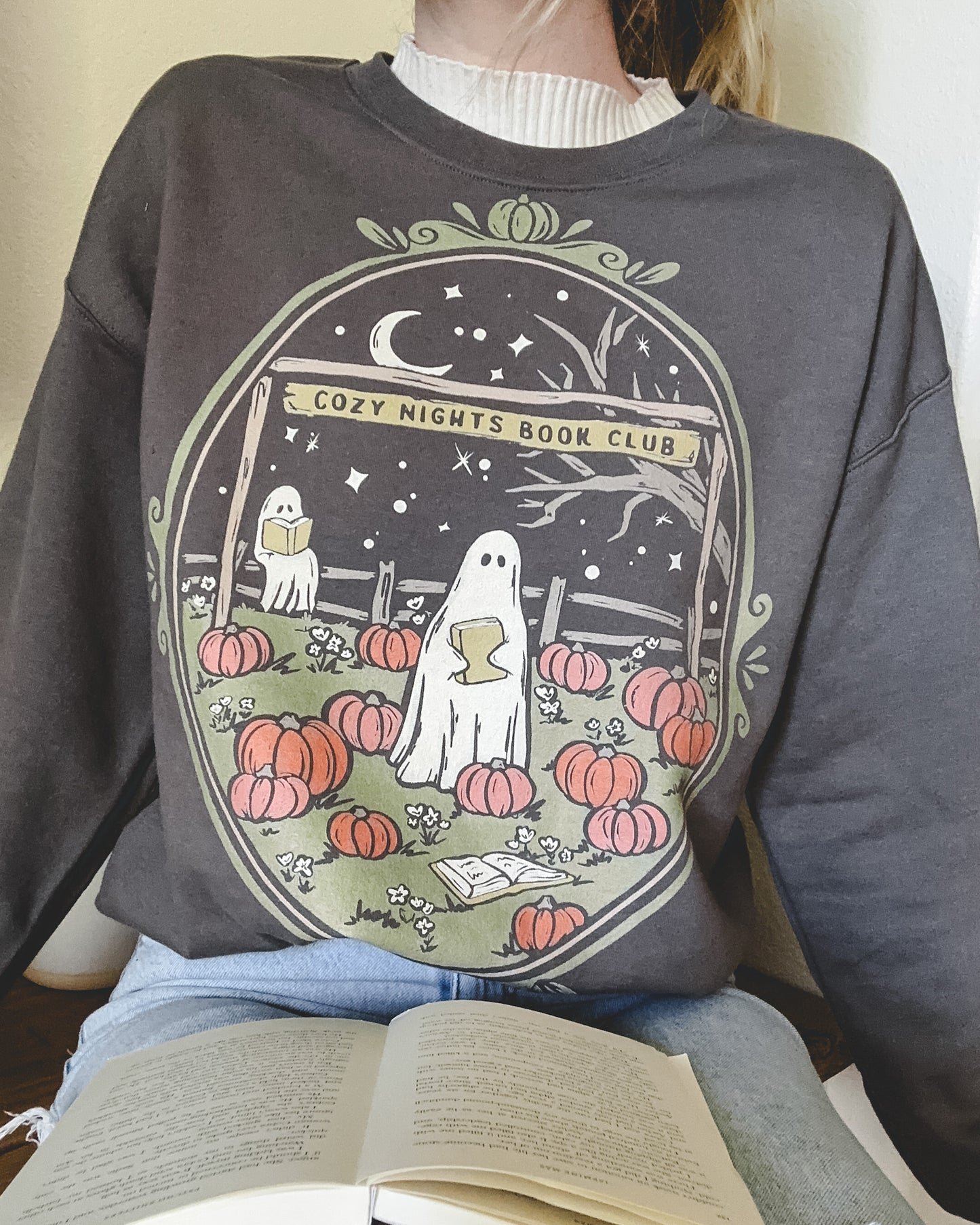 Cozy Nights Book Club Crewneck Sweatshirt - Charcoal
