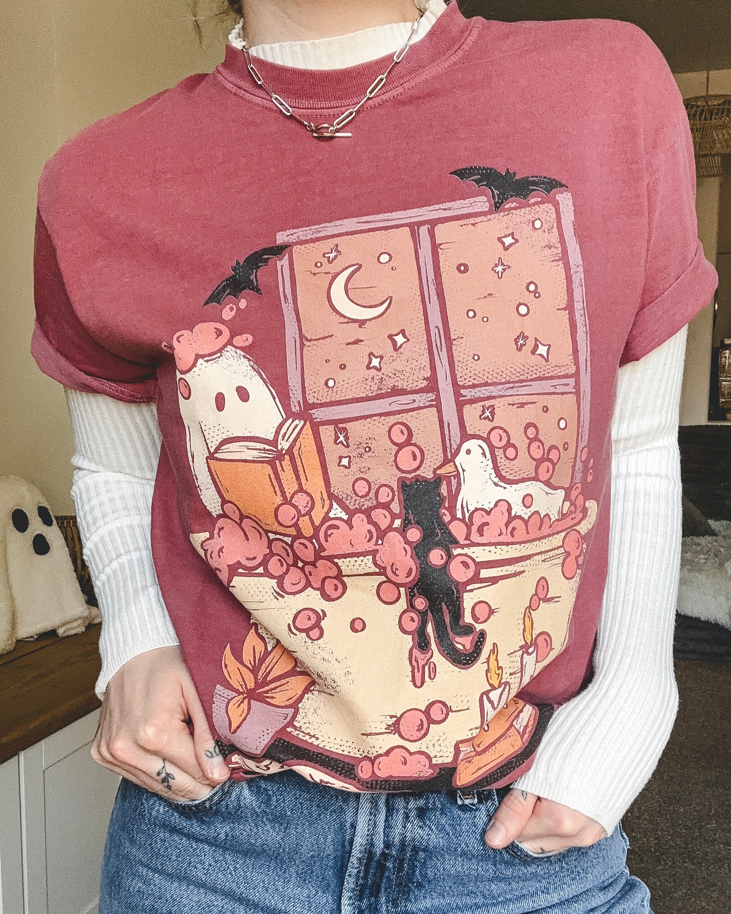 Ghosty/Duck Reading in the Tub Tee - Brick Red
