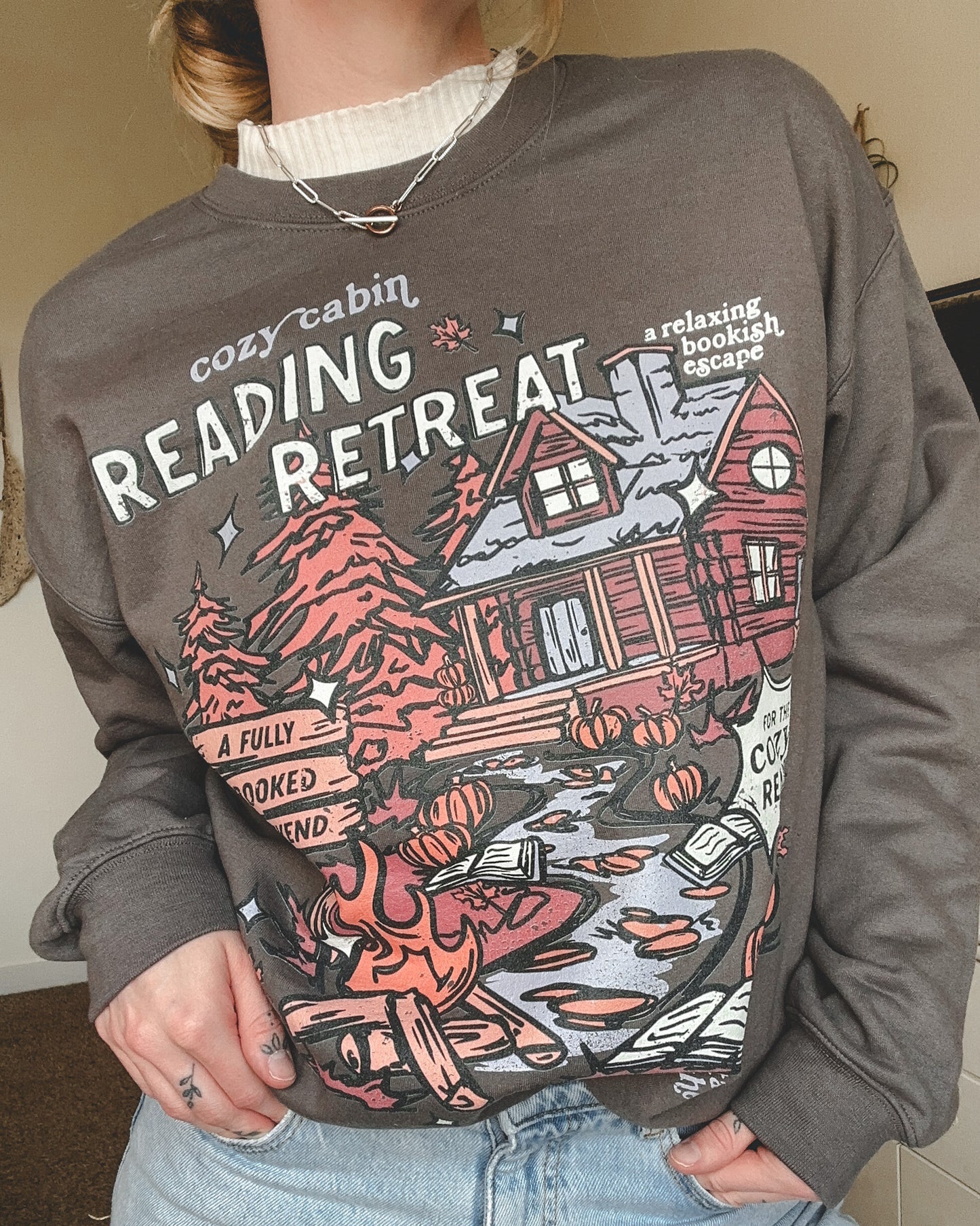 Cozy Cabin Reading Retreat Crewneck Sweatshirt - Charcoal