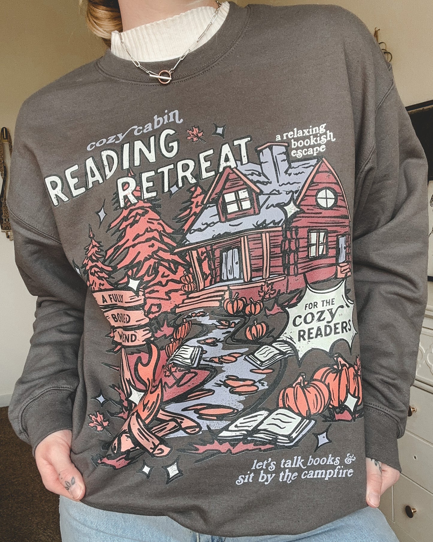 Cozy Cabin Reading Retreat Crewneck Sweatshirt - Charcoal