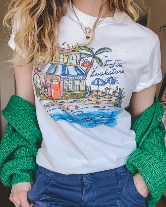 Find me at the Bookstore Beach Tee - White