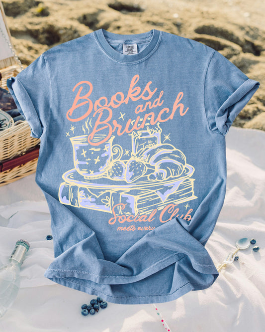 Books and Brunch Social Club Tee - Washed Denim