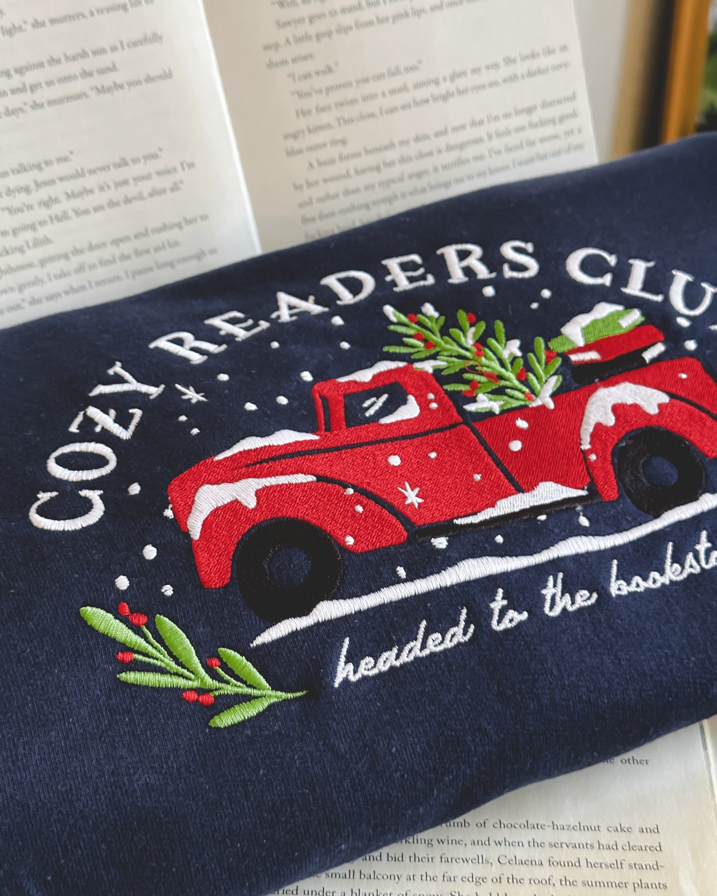 Cozy Readers Club Winter Embroidered Crewneck Sweatshirt - Navy