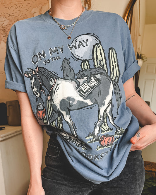 Horse/Cats To the Bookstore Tee - Blue Jean
