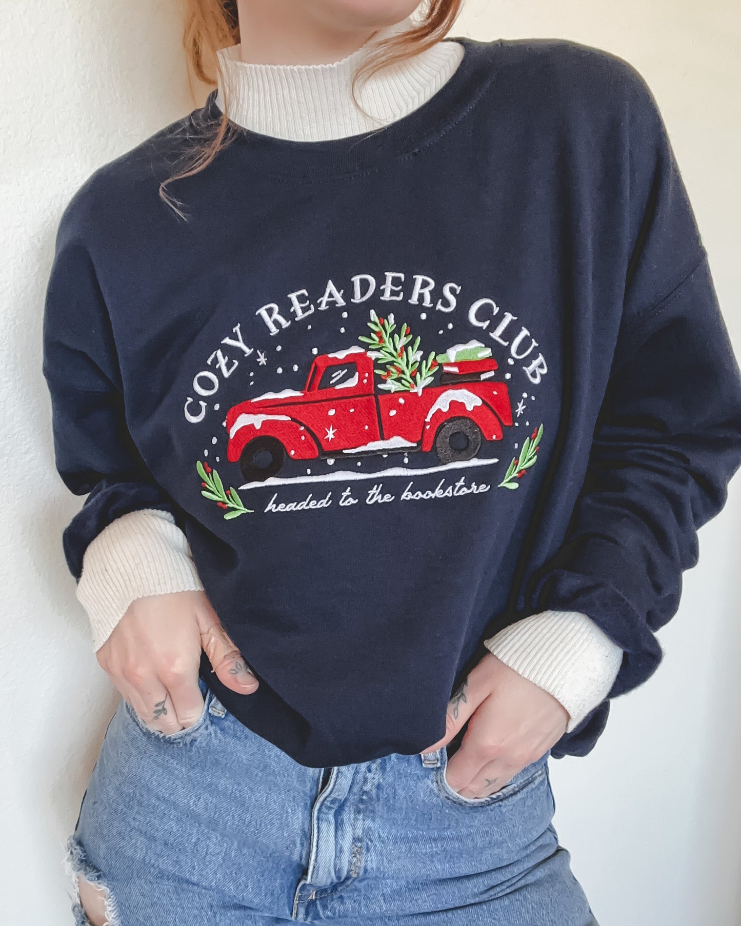 Cozy Readers Club Winter Embroidered Crewneck Sweatshirt - Navy