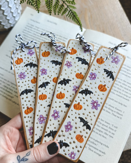 Bats and Flowers Painted Wooden Bookmark