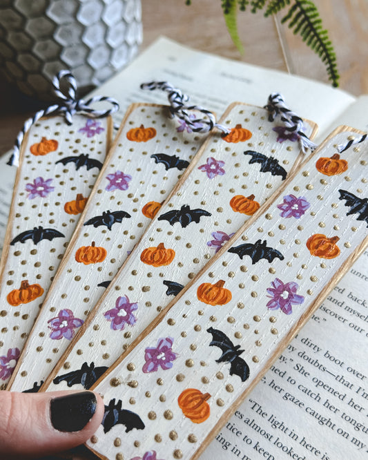 Bats and Flowers Painted Wooden Bookmark