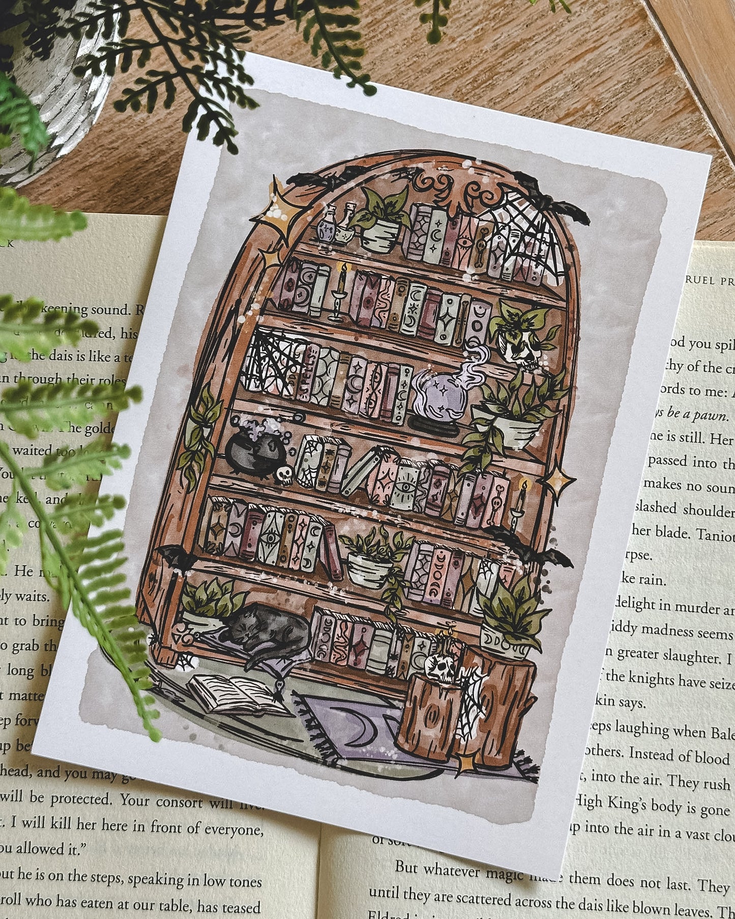 Moody Black Cat Bookshelf Print 5x7