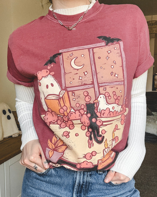 Ghosty/Duck Reading in the Tub Tee - Brick Red