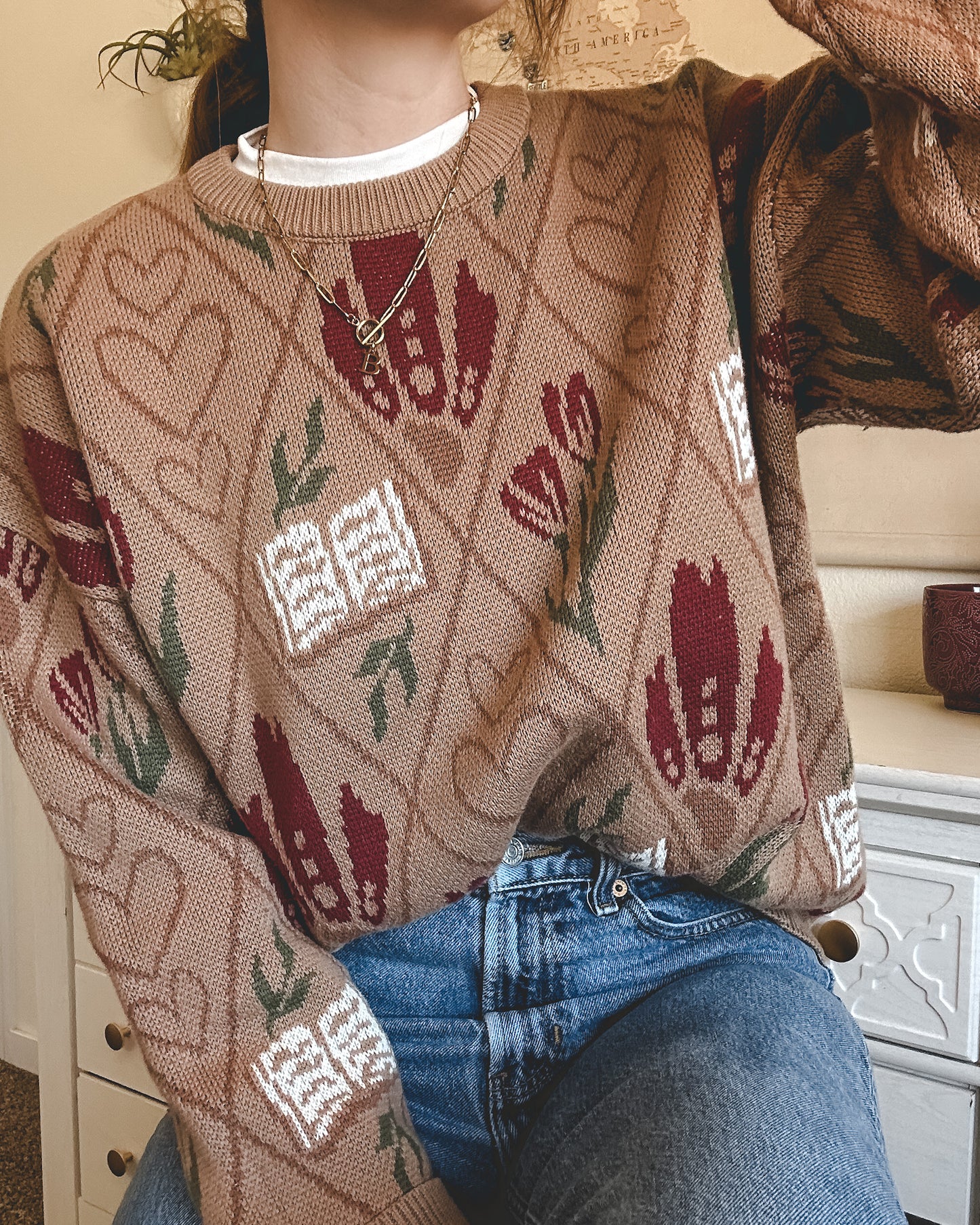 Floral Bookish Diamond Knit Sweater