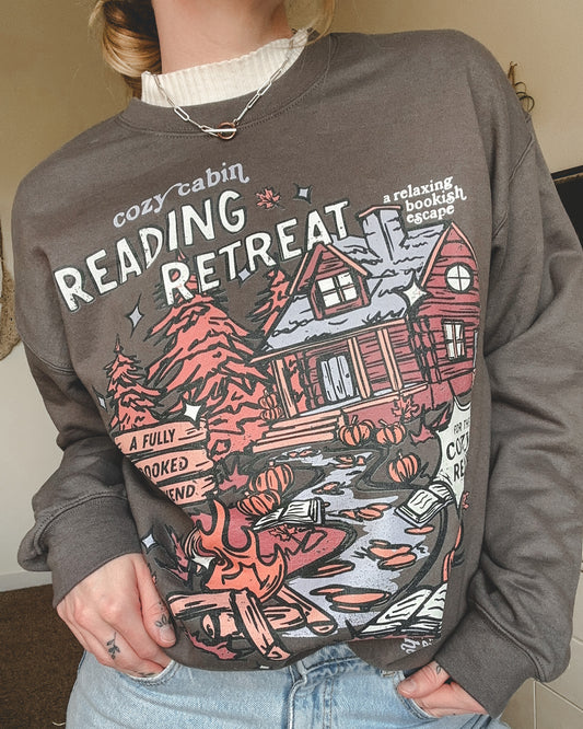 Cozy Cabin Reading Retreat Crewneck Sweatshirt - Charcoal
