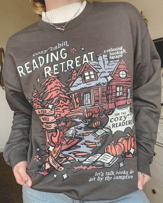 Cozy Cabin Reading Retreat Crewneck Sweatshirt - Charcoal