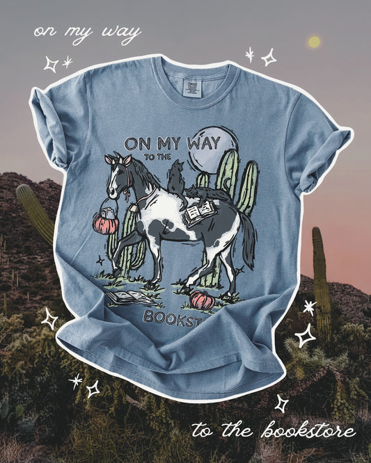 Horse/Cats To the Bookstore Tee - Blue Jean